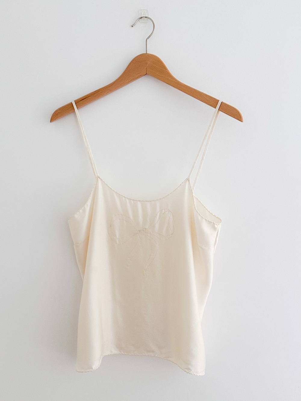 Vintage Ivory Silk Camisole Embroidered Bow Coquette Balletcore Cami Size Large